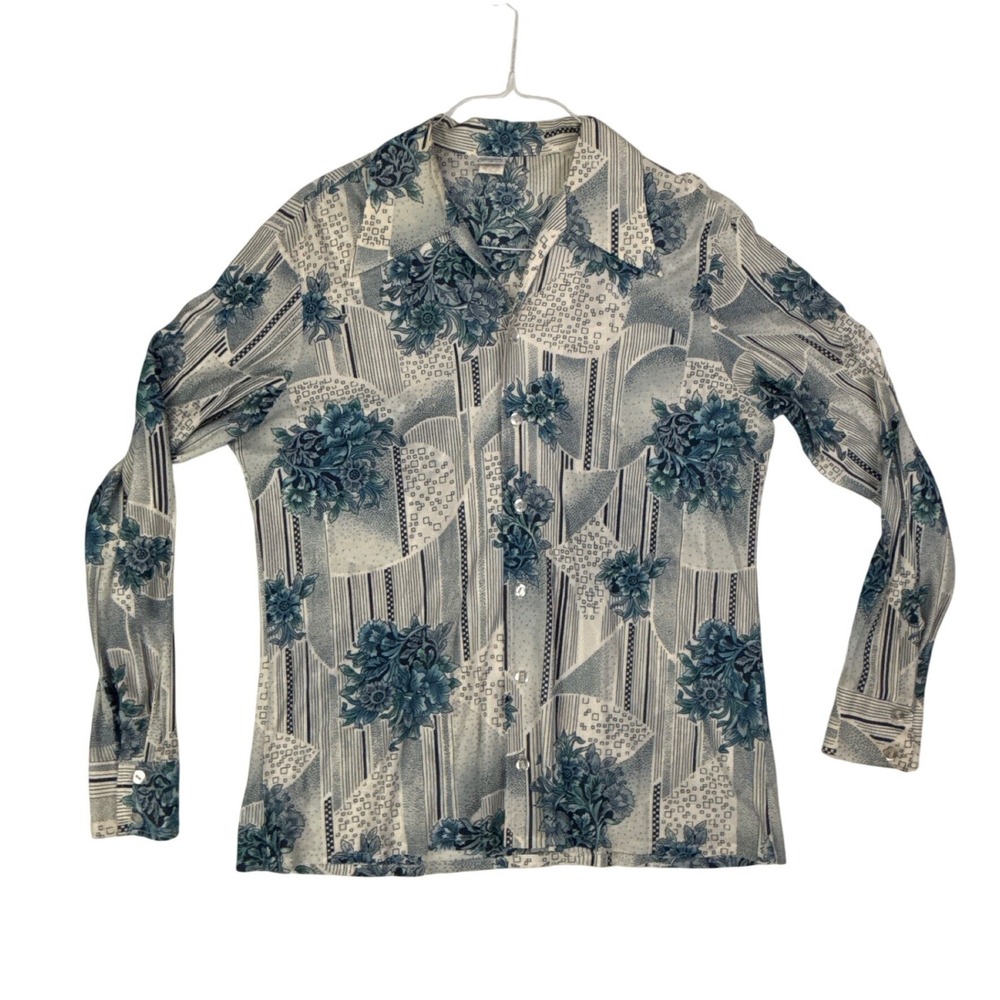 Vintage Made in California Floral Geometric Abstract Button Up Shirt Blue XL, 44